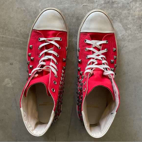 NEW Men's YSL Saint Laurent red leather trimmed studded high top size 44 US 11 - Picture 2 of 8